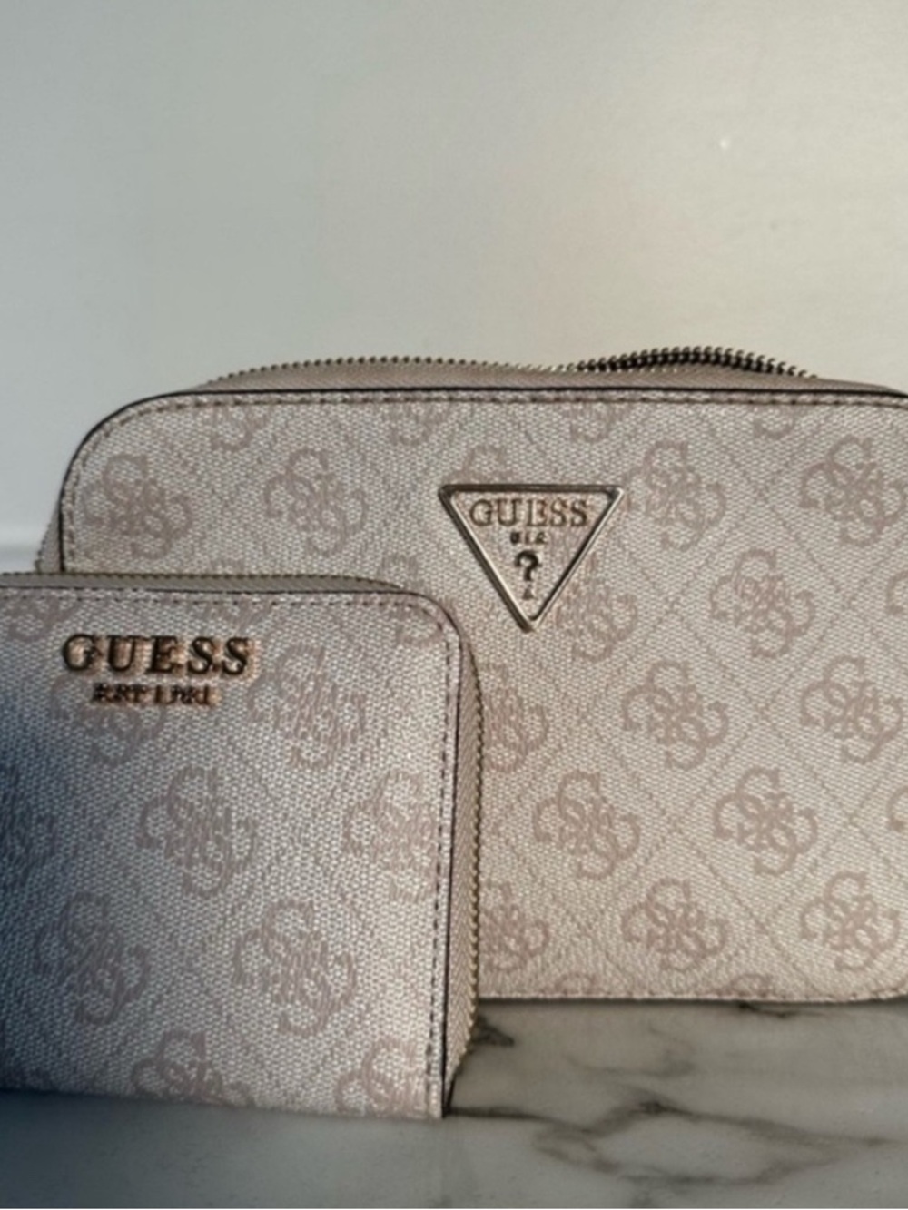 Guess Off White Monogram Crossbody and Zip Wallet Set